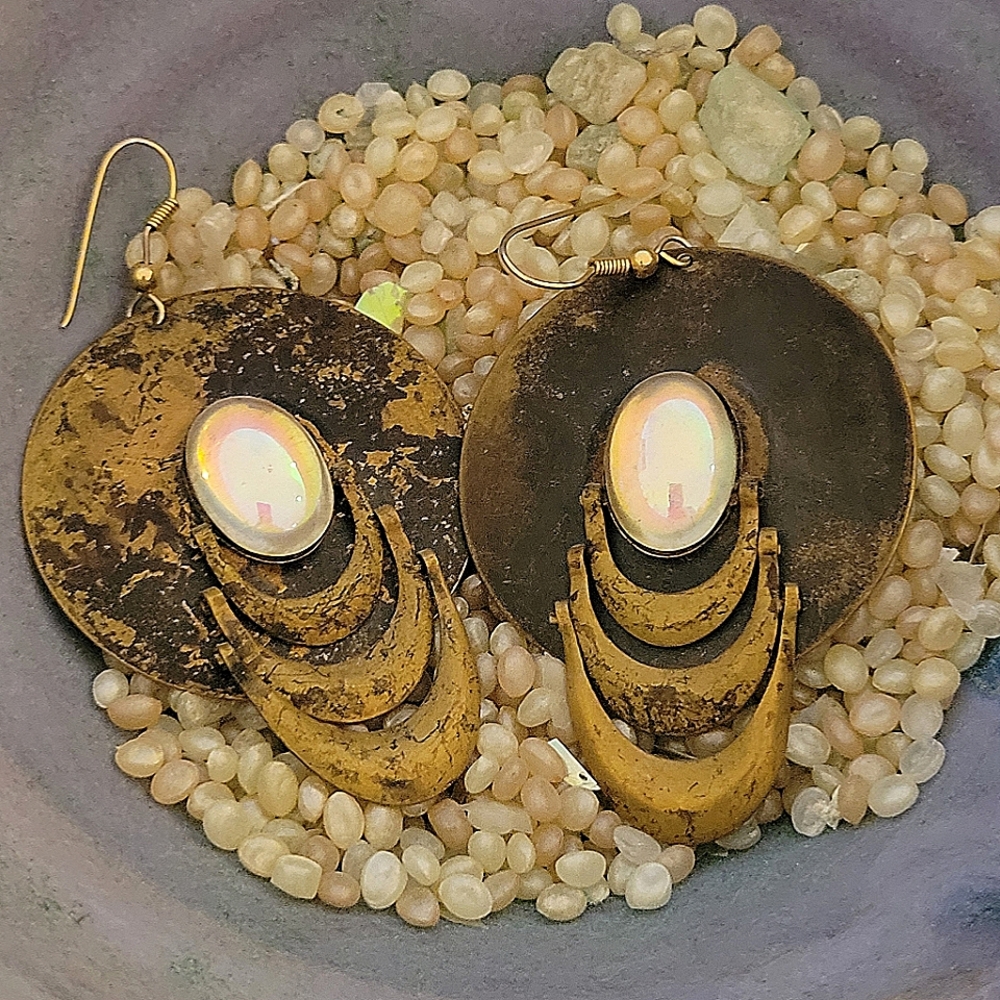 Pierced Burnished Metal Disc Opalescent Earrings